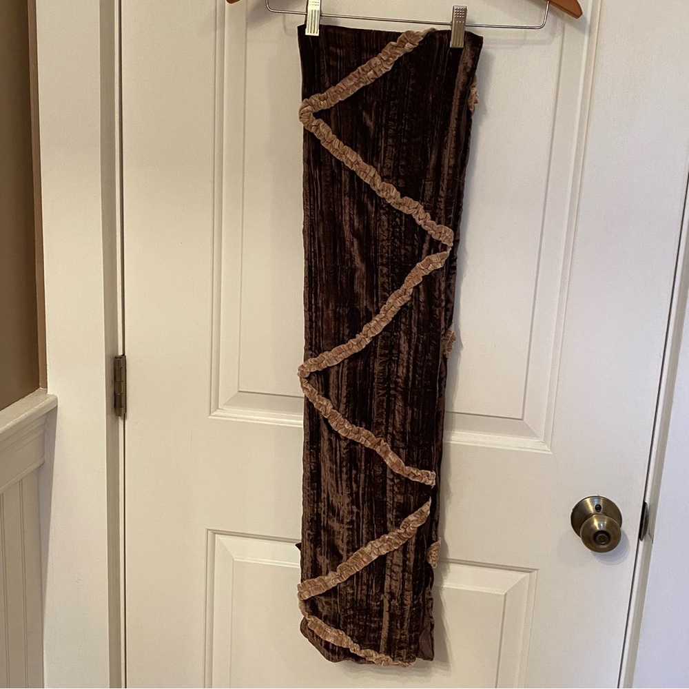 SCARF BROWN TAN CRINKLE VELVET LONG RECTANGLE BOHEMIAN ACCESSORY - Picture 6 of 8